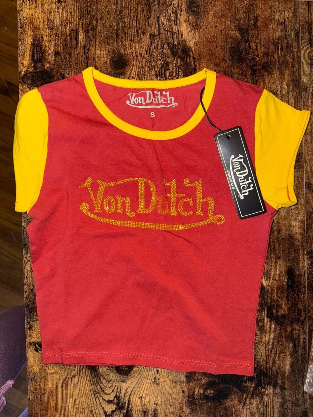 Von Dutch Red and Yellow Rhinestone Ringer Tee